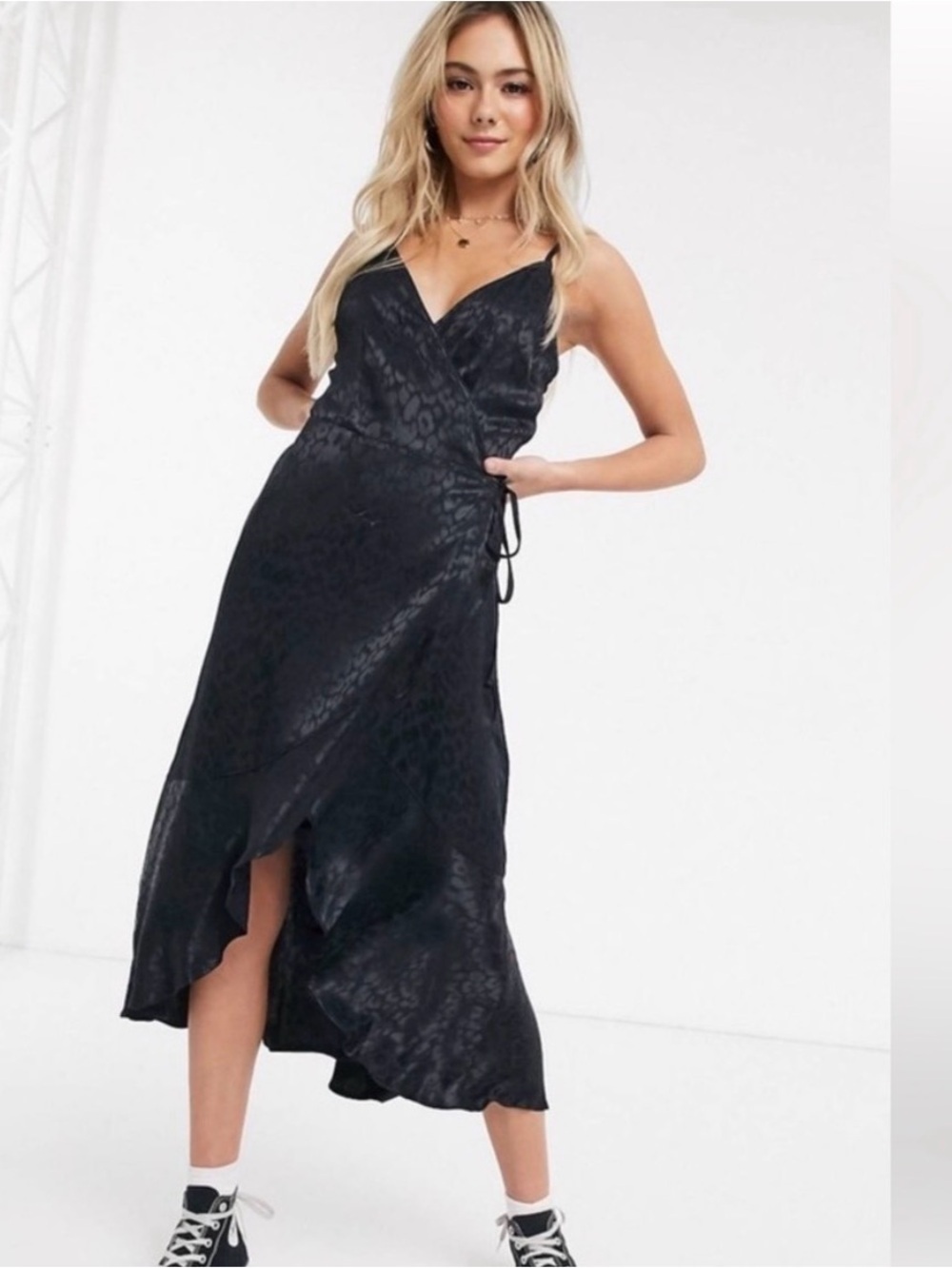 Abercrombie & Fitch BLK leopard satin  ruffle wrap dress goth grunge edgy chic M